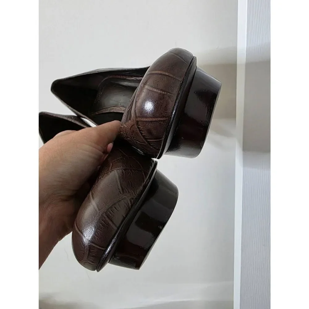 $278 Tory Burch US 10M Brown Croc Embossed Leather Pumps Wood Platform Heel
